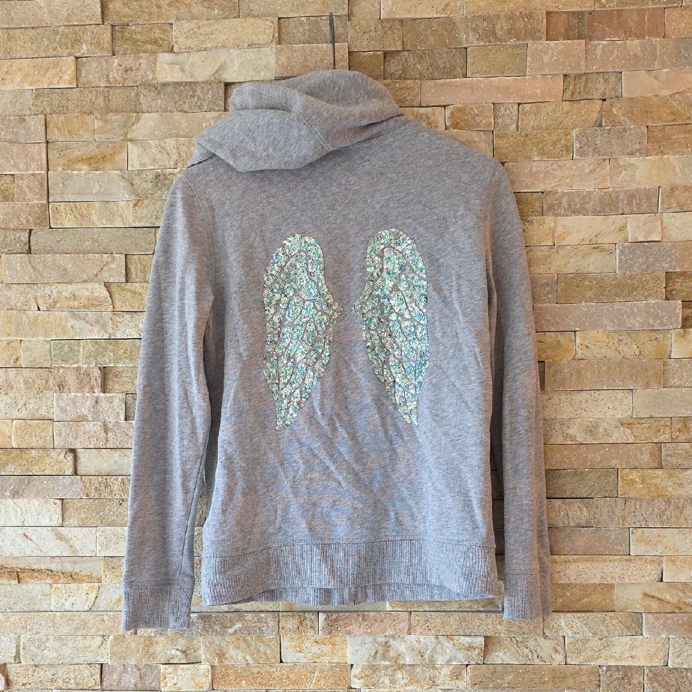 Victoria's Secret Gray Zip-Up Hoodie with Sequin Angel Wings